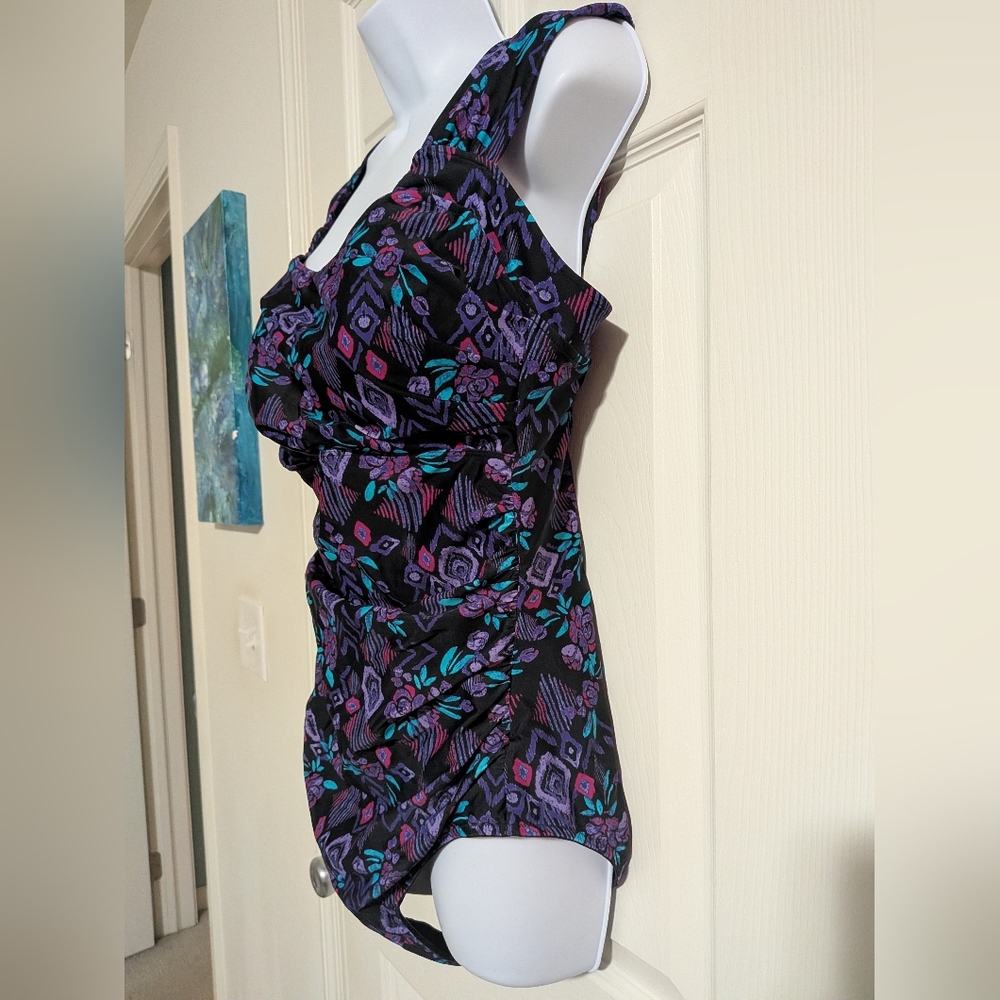 NWOT ShapeMe Ruched Bathing Suit Coldwater Creek Women's Size 12 Black Purple - Picture 6 of 11